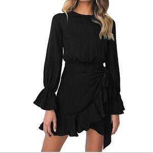 Womens Long Sleeve Round Neck Ruffles Wrap Dress
